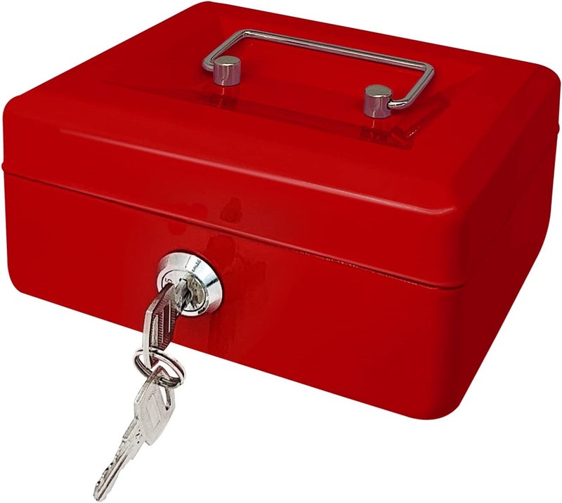 PACOLO Steel Cash Box with Key Lock, Metal Small Money Organizer with Money Tray,Cash Storage Box with Lockable Cover (Red - 6 inch) - Image 1